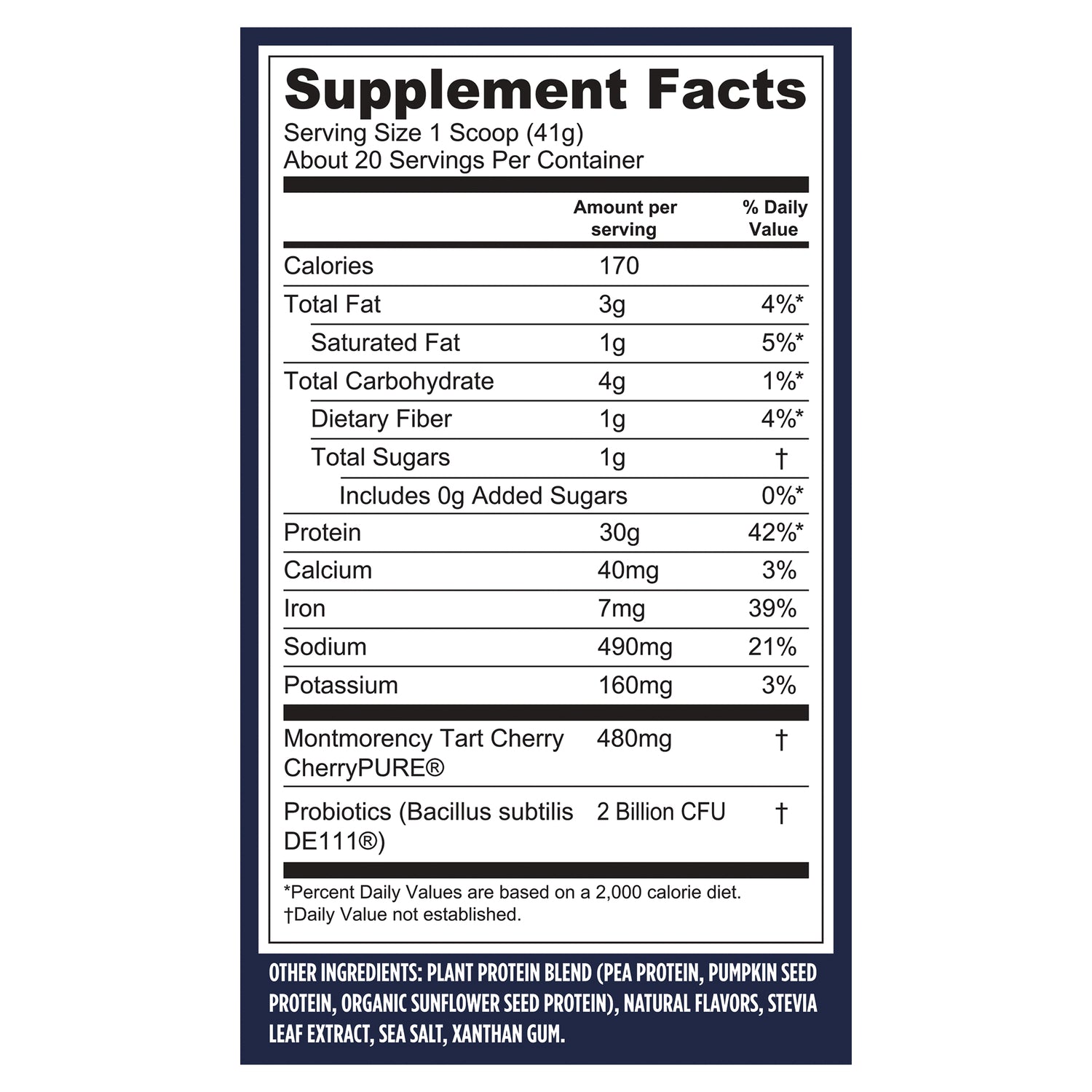 VGA005 | Supplement Facts back panel: 170 calories, 30g protein, 2 Billion CFU probiotics, 480mg tart cherry