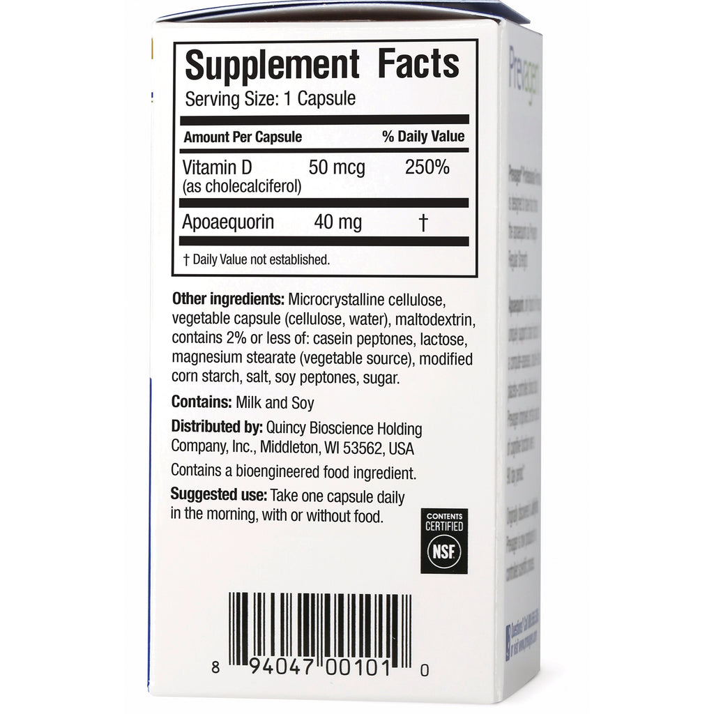QB008 | Supplement facts panel showing Vitamin D 50 mcg, Apoaequorin 40 mg, ingredients, contains milk and soy, barcode - Thumbnail