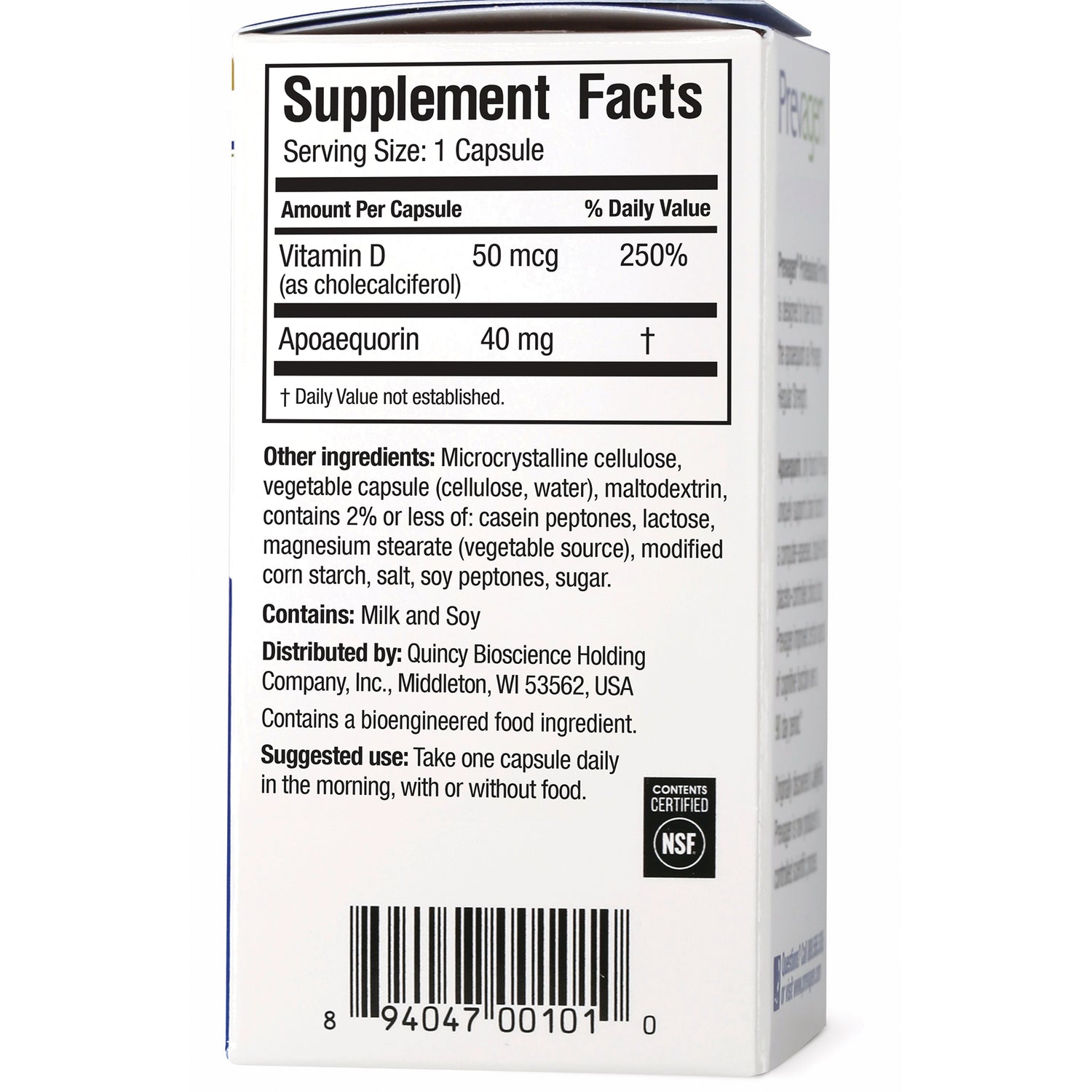 QB008 | Supplement facts panel showing Vitamin D 50 mcg, Apoaequorin 40 mg, ingredients, contains milk and soy, barcode