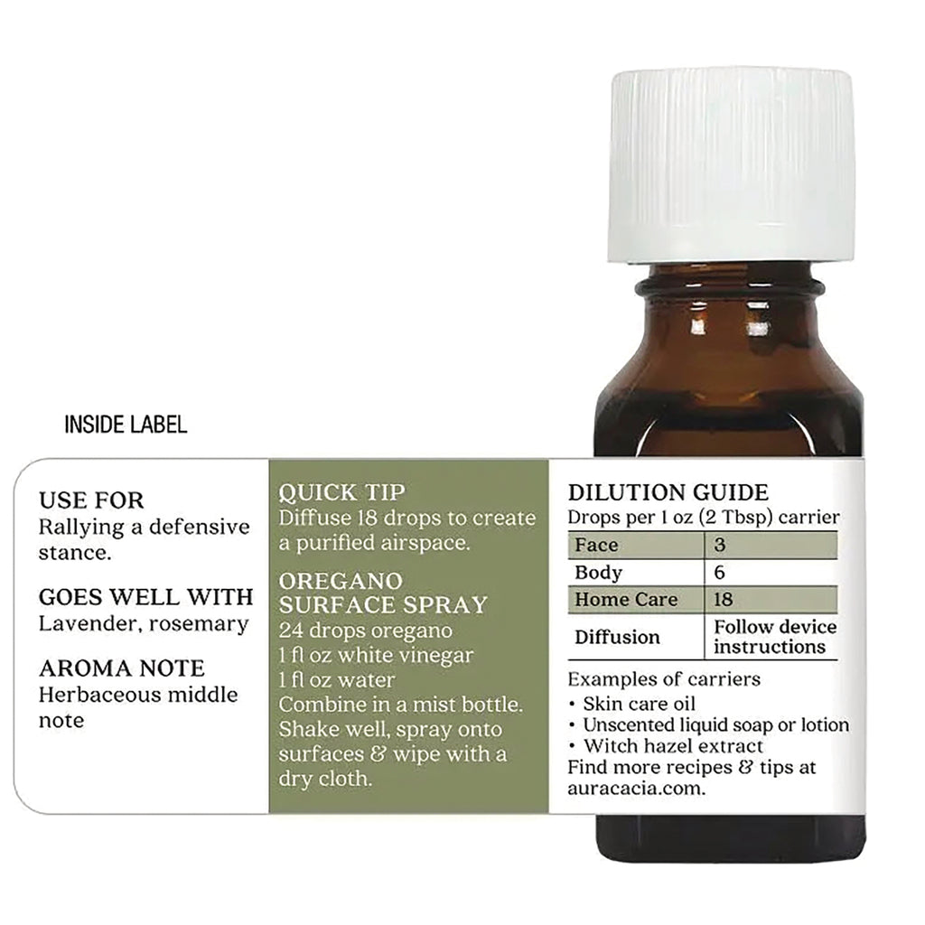 ARC267 | Back label of amber essential oil bottle showing dilution guide, quick tip, and oregano surface spray recipe - Thumbnail