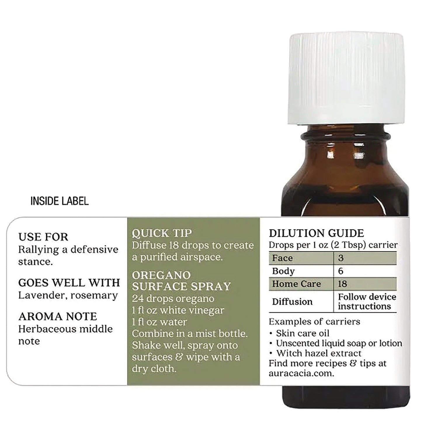 ARC267 | Back label of amber essential oil bottle showing dilution guide, quick tip, and oregano surface spray recipe