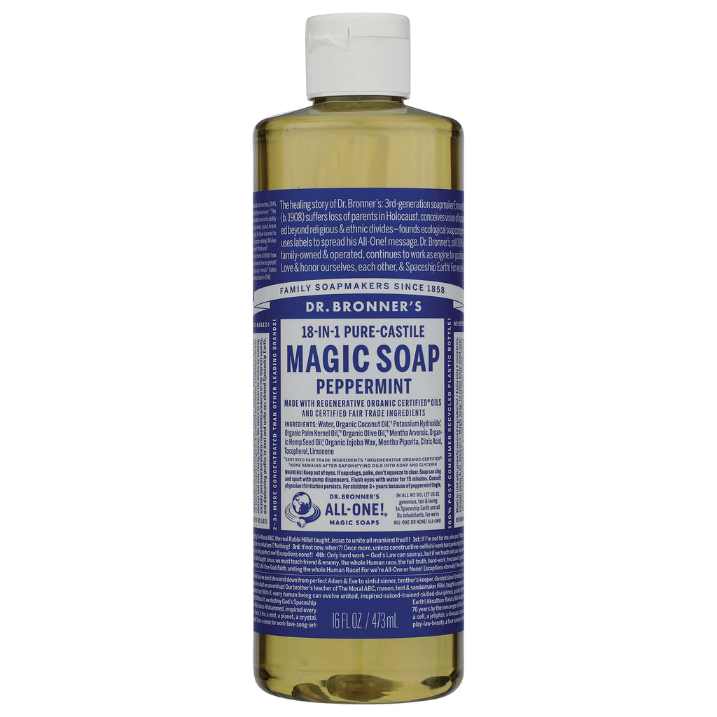 DRB014 | Dr. Bronner's 18-in-1 Pure-Castile Magic Soap Peppermint bottle front label 16 fl oz - Thumbnail