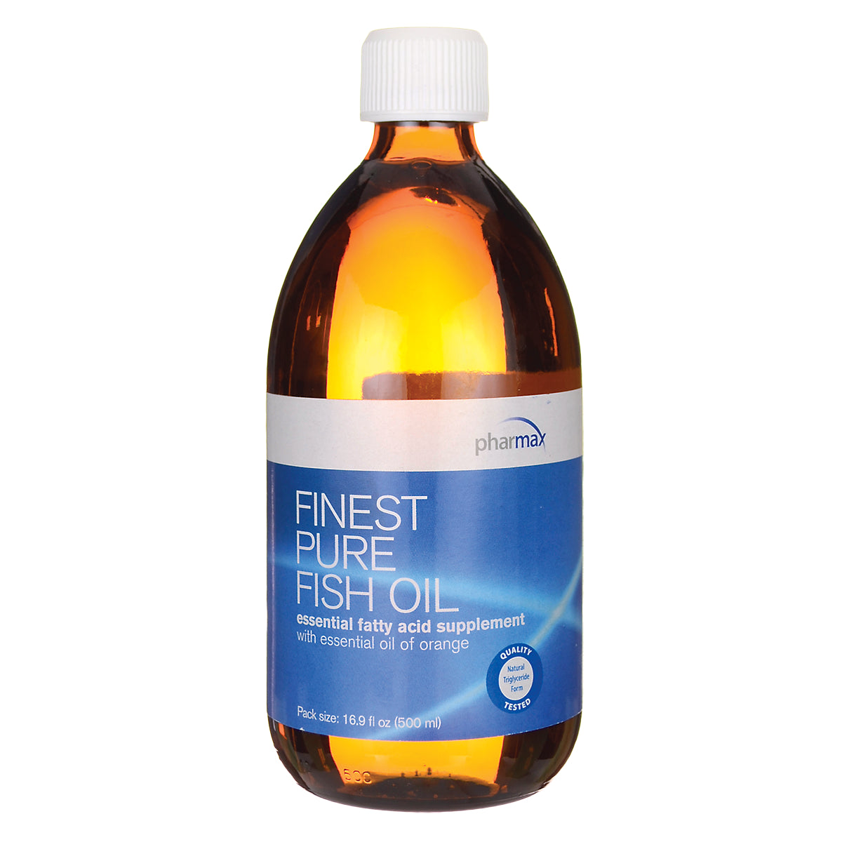 SER007 | amber glass bottle labeled FINEST PURE FISH OIL essential fatty acid supplement, 500 ml