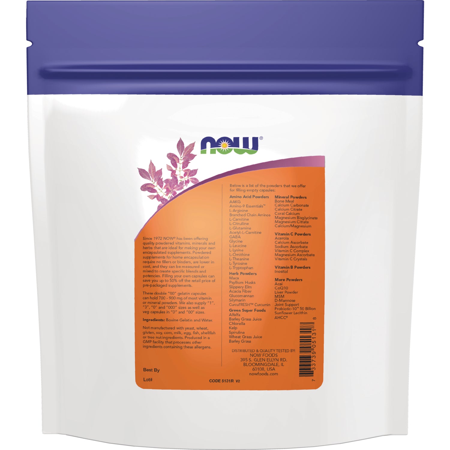 NWF379 | back of white resealable pouch with NOW logo, orange ingredient panel listing ingredients and a barcode