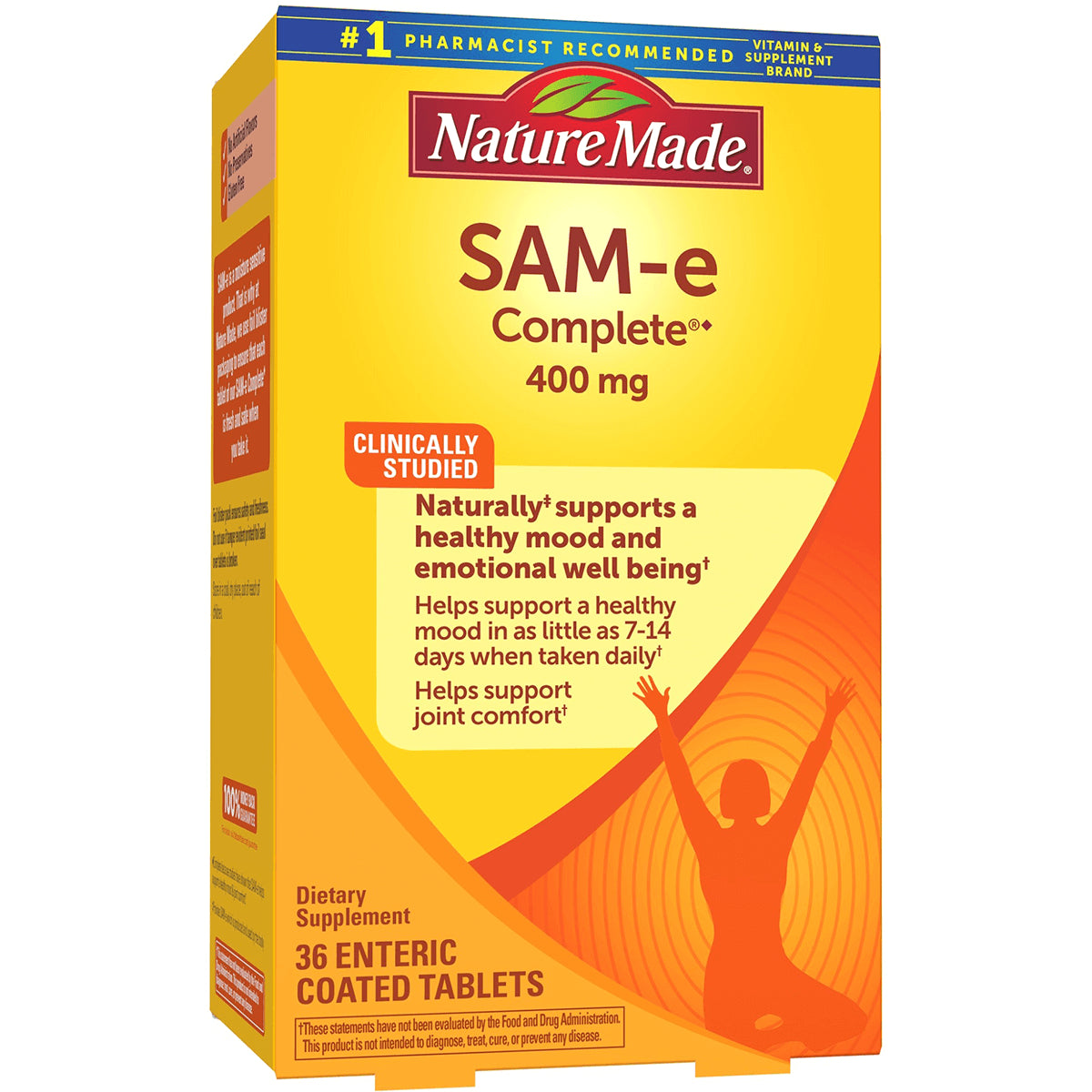NTM025 | Nature Made SAM-e Complete 400 mg front packaging box showing 36 enteric coated tablets and clinically studied claim
