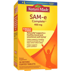 NTM025 | Nature Made SAM-e Complete 400 mg front packaging box showing 36 enteric coated tablets and clinically studied claim