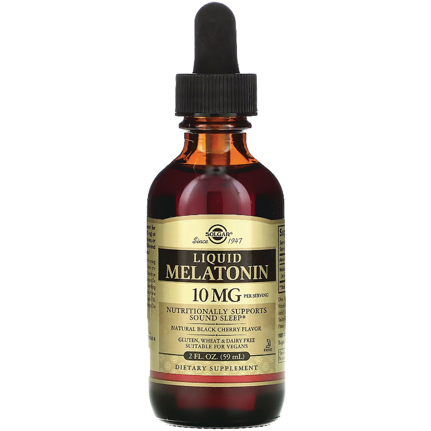 Amber dropper bottle labeled LIQUID MELATONIN 10 MG dietary supplement, natural black cherry flavor