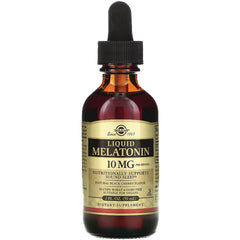 Amber dropper bottle labeled LIQUID MELATONIN 10 MG dietary supplement, natural black cherry flavor