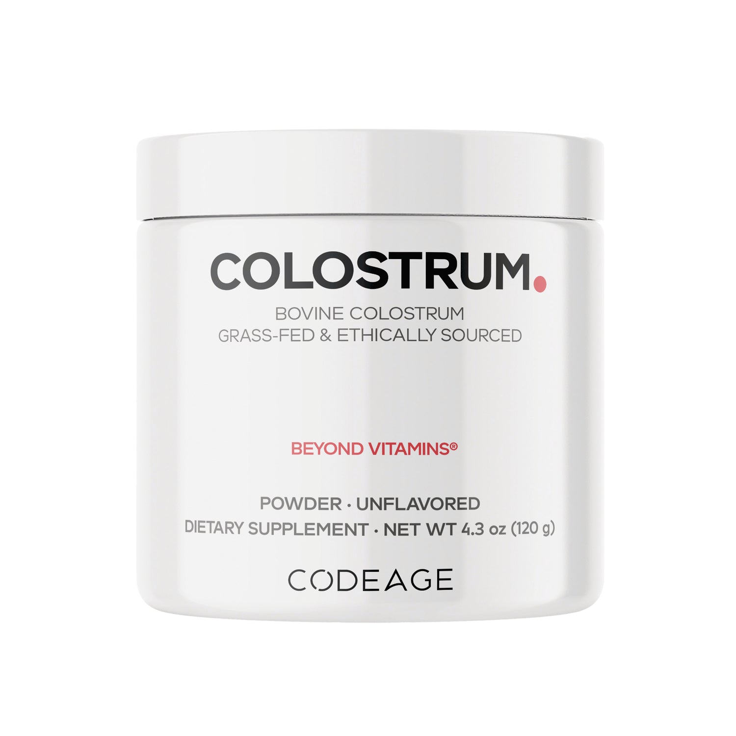 CDG038 | White jar labeled COLOSTRUM bovine colostrum powder unflavored dietary supplement from CODEAGE