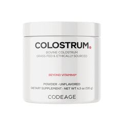 CDG038 | White jar labeled COLOSTRUM bovine colostrum powder unflavored dietary supplement from CODEAGE