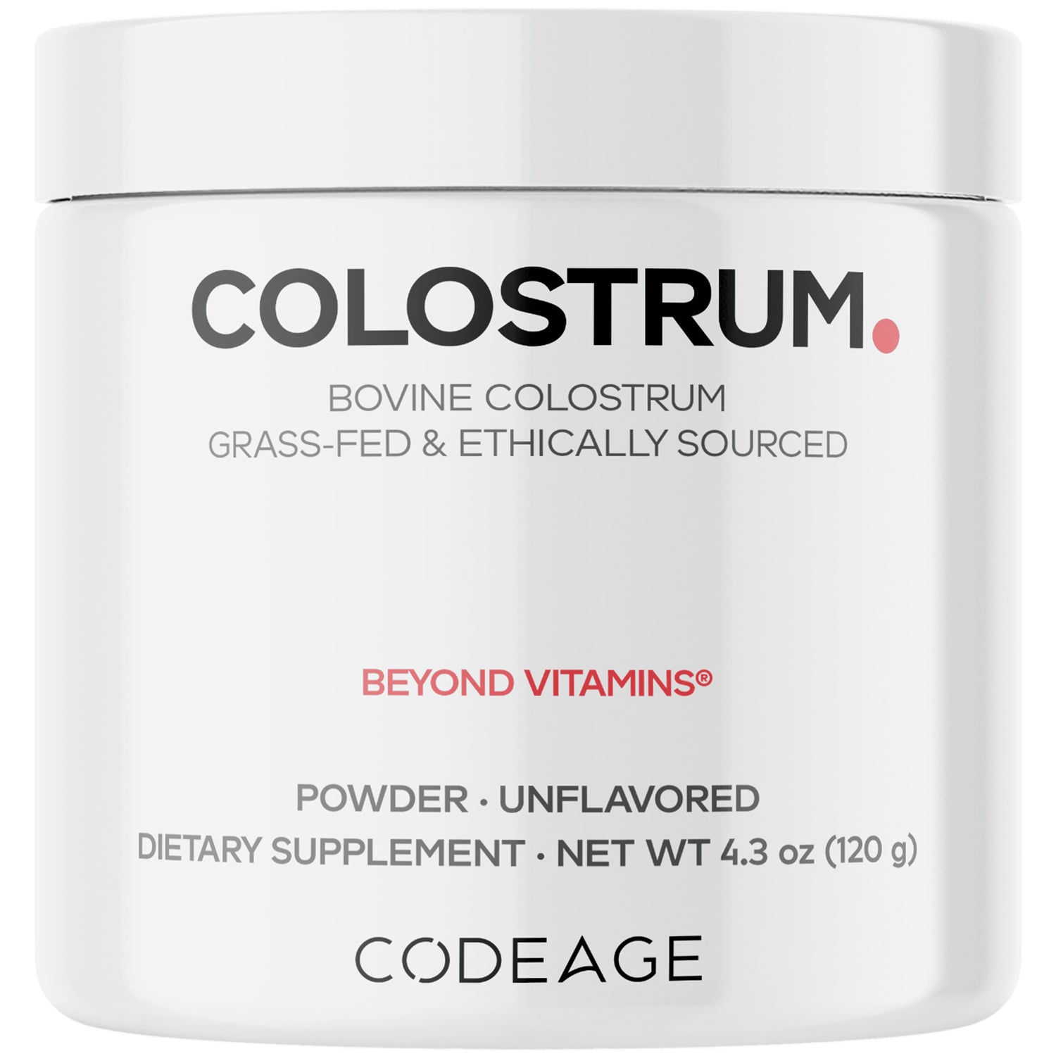 CDG038 | White jar labeled COLOSTRUM bovine colostrum powder unflavored dietary supplement from CODEAGE