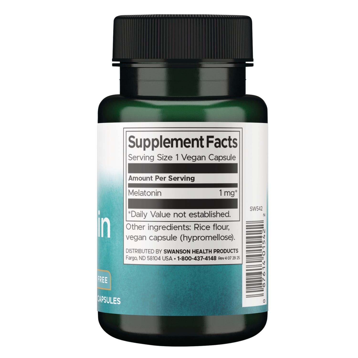 SW542 | Supplement Facts: melatonin 1 mg per capsule, other ingredients listed, suggested use and warnings
