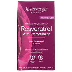 RSA017 | Resveratrol supplement box reading Resveratrol with Pterostilbene 500 MG, gluten free vegan, 60 veggie capsules