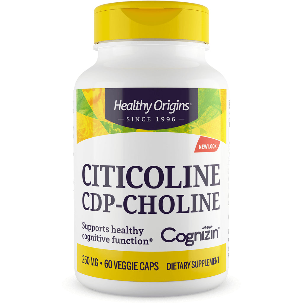 HRG055 | White Healthy Origins bottle labeled CITICOLINE CDP-CHOLINE Cognizin 250 mg 60 veggie caps front view - Thumbnail