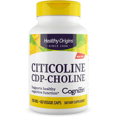 HRG055 | White Healthy Origins bottle labeled CITICOLINE CDP-CHOLINE Cognizin 250 mg 60 veggie caps front view