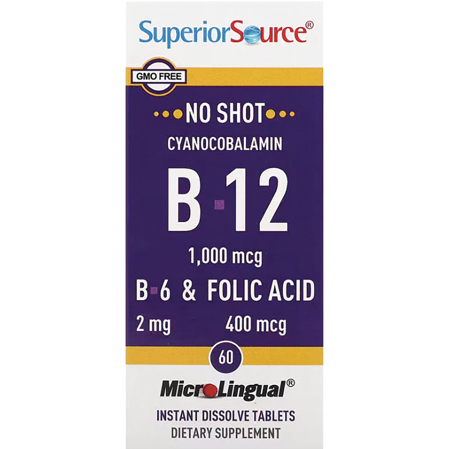 SUS026 | Superior Source B-12 No Shot cyanocobalamin 1,000 mcg with B-6 & folic acid 2 mg/400 mcg, 60 MicroLingular tablets