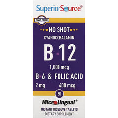 SUS026 | Superior Source B-12 No Shot cyanocobalamin 1,000 mcg with B-6 & folic acid 2 mg/400 mcg, 60 MicroLingular tablets