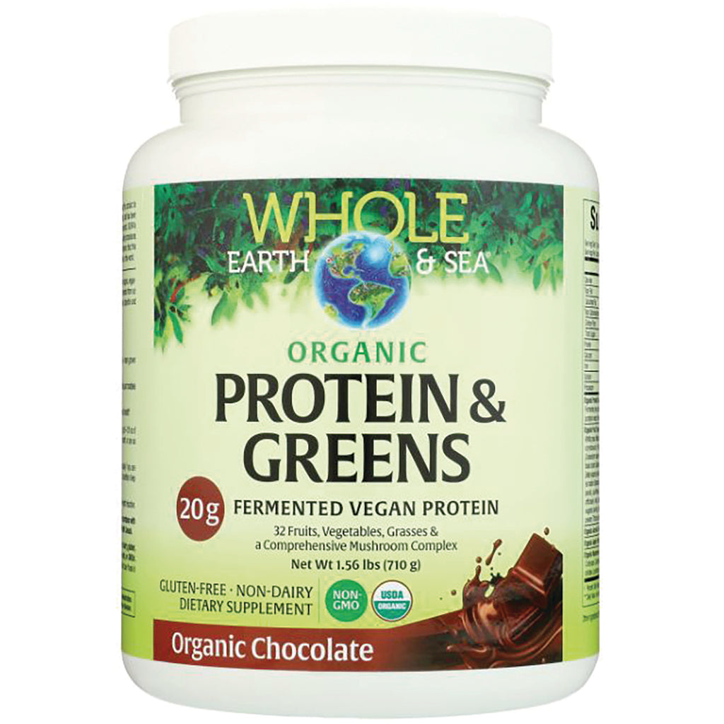 NFC199 | Whole Earth & Sea Organic Protein & Greens powder, organic chocolate flavor tub front label - Thumbnail