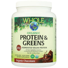 NFC199 | Whole Earth & Sea Organic Protein & Greens powder, organic chocolate flavor tub front label