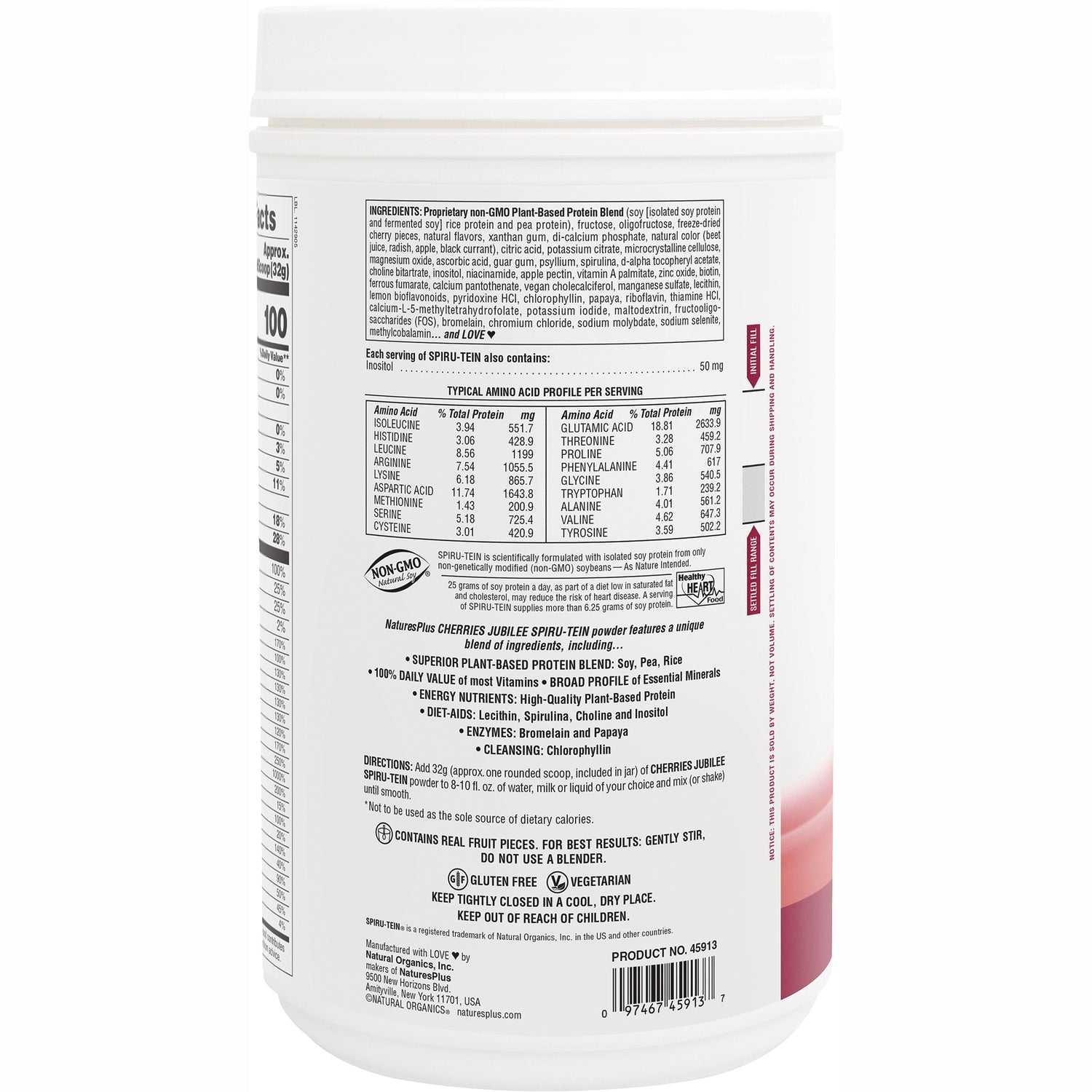 NTP083 | Back of white supplement tub showing ingredient list, amino acid table, directions and nutrition facts, non-GMO and gluten free labels
