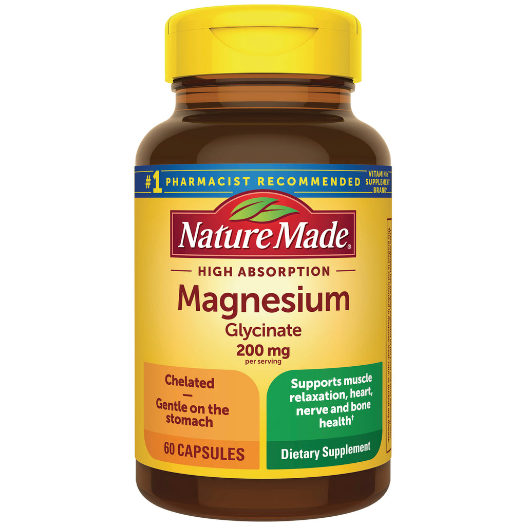 NTM194 | Nature Made Magnesium Glycinate 200 mg bottle, 60 capsules dietary supplement with yellow label - Thumbnail