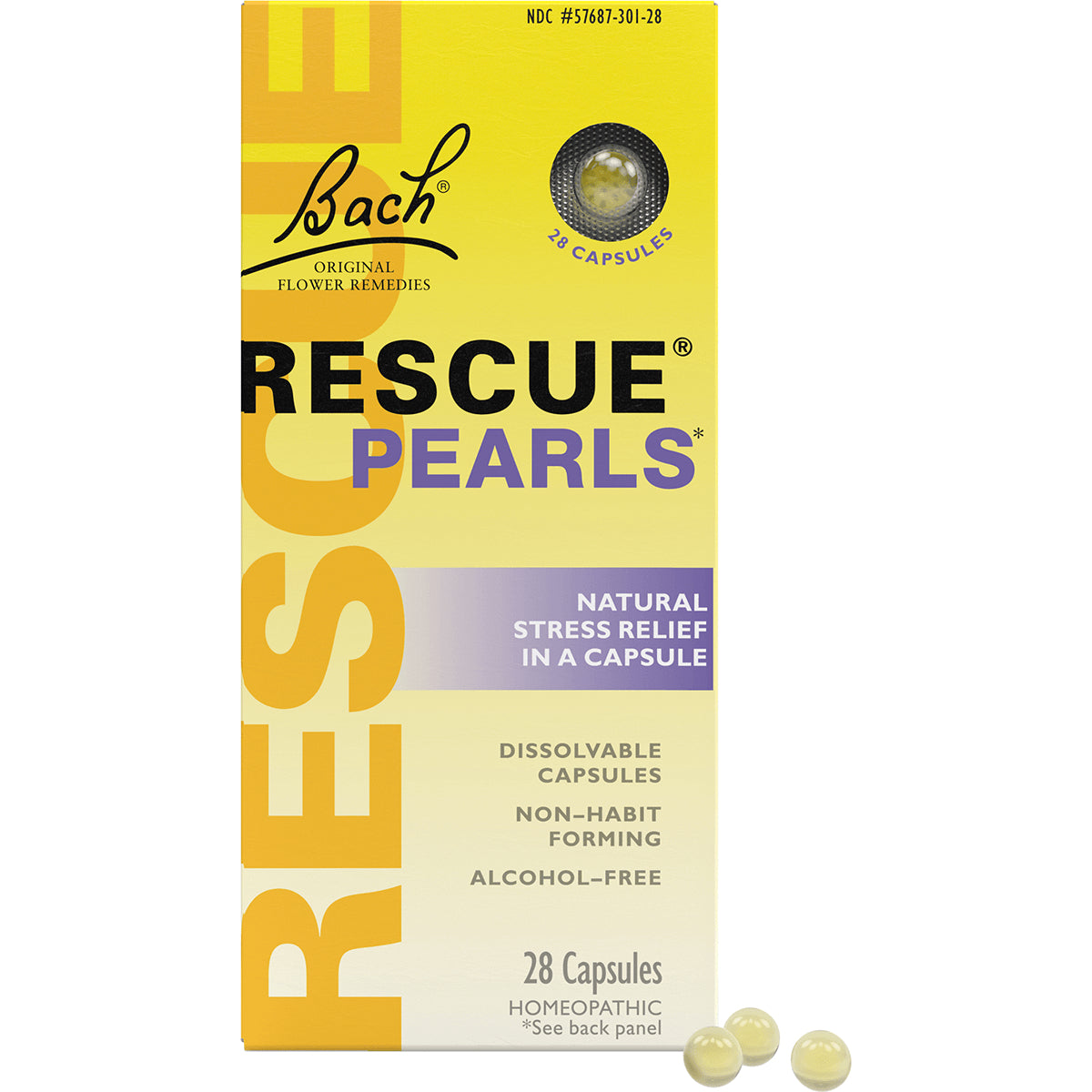 BFL059 | Bach Rescue Pearls yellow box, 28 dissolvable capsules for natural stress relief, three pearl capsules shown
