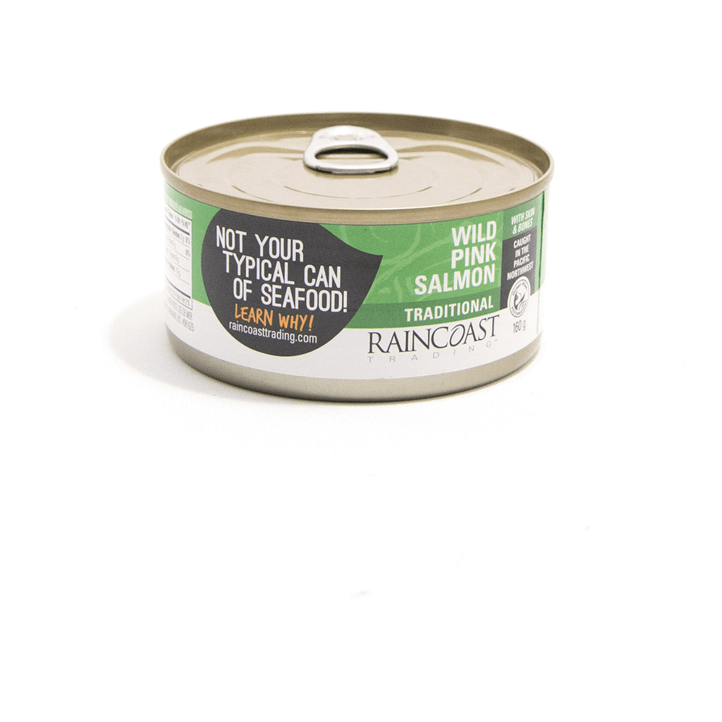RCT004 | tin of Raincoast Trading wild pink salmon with green label reading NOT YOUR TYPICAL CAN OF SEAFOOD - Thumbnail