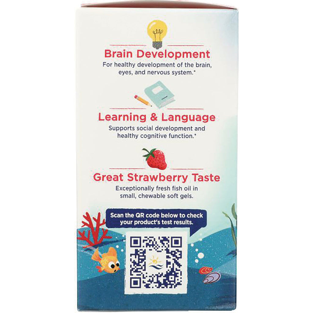 NRN002 | Product infographic showing Brain Development, Learning & Language, Great Strawberry Taste, QR code and ocean illustrations - Thumbnail