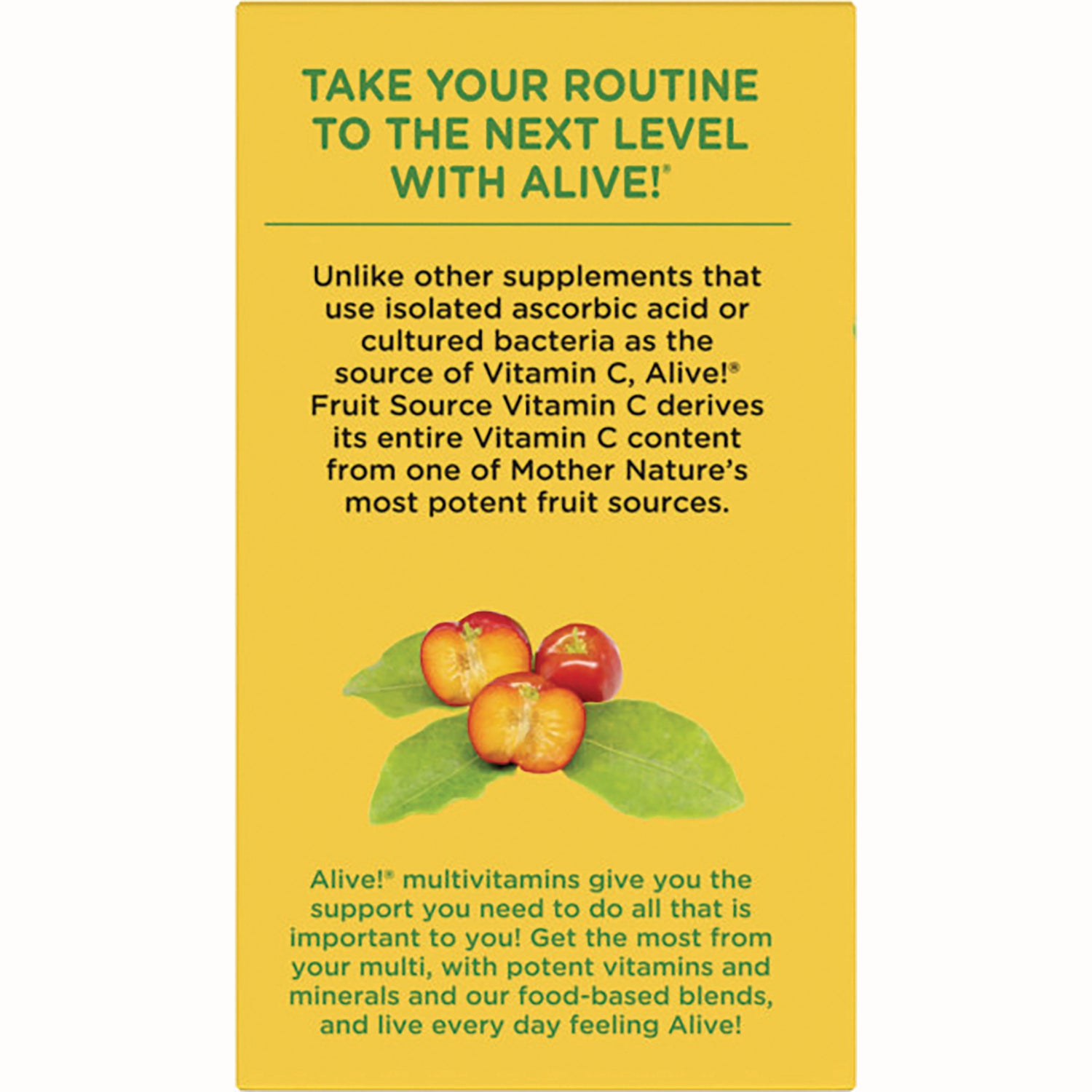 NW649 | Yellow product infographic explaining Alive fruit source vitamin C with small fruit illustration