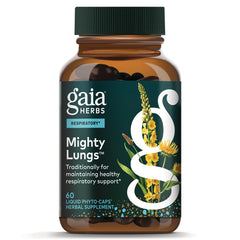 GH168 | Gaia Herbs Mighty Lungs supplement bottle front label showing Mighty Lungs and 60 liquid phyto-caps
