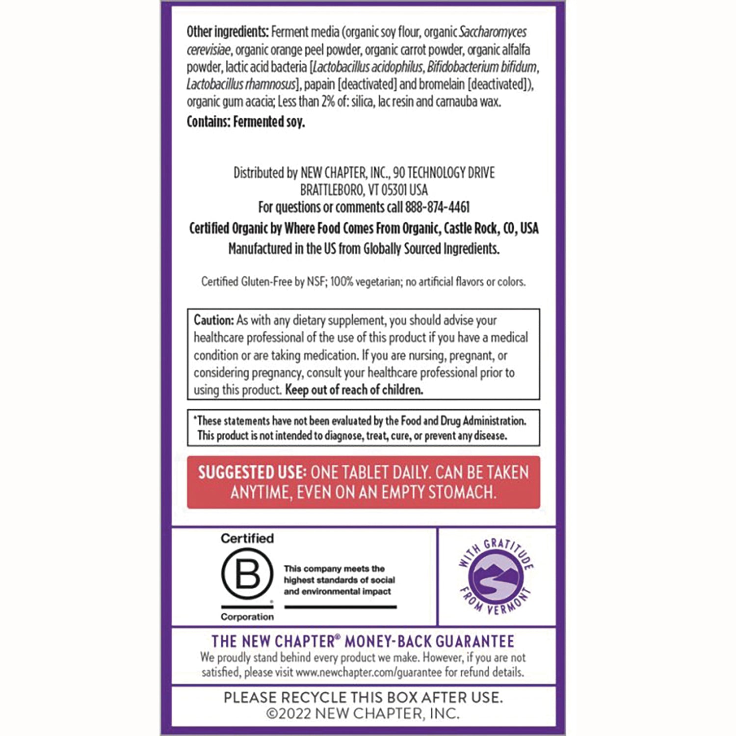 NWC308 | Back label with ingredients, caution box, SUGGESTED USE ONE TABLET DAILY and certification logos