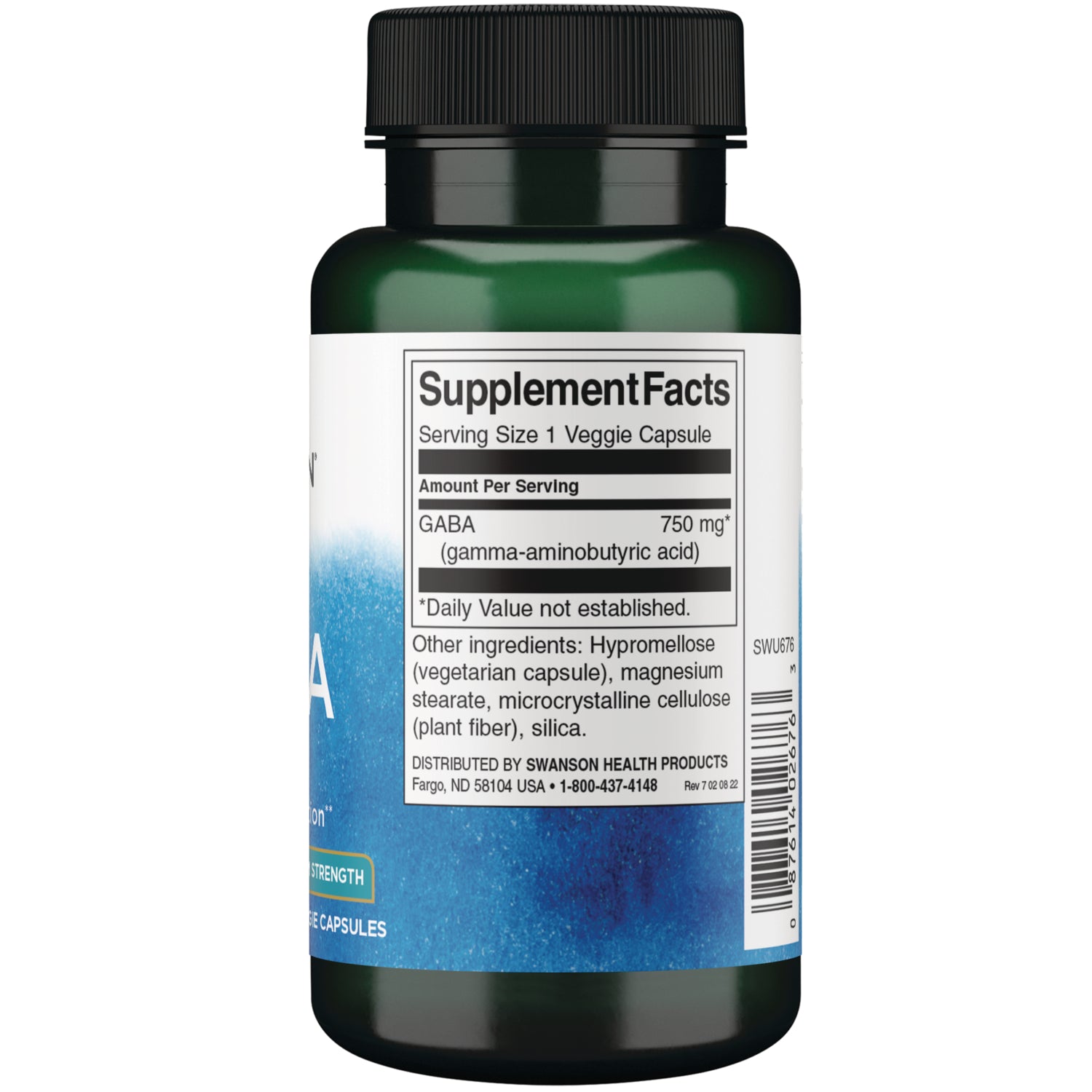 SWU676 | Back label with Supplement Facts: GABA 750 mg per 1 veggie capsule; ingredients and barcode visible