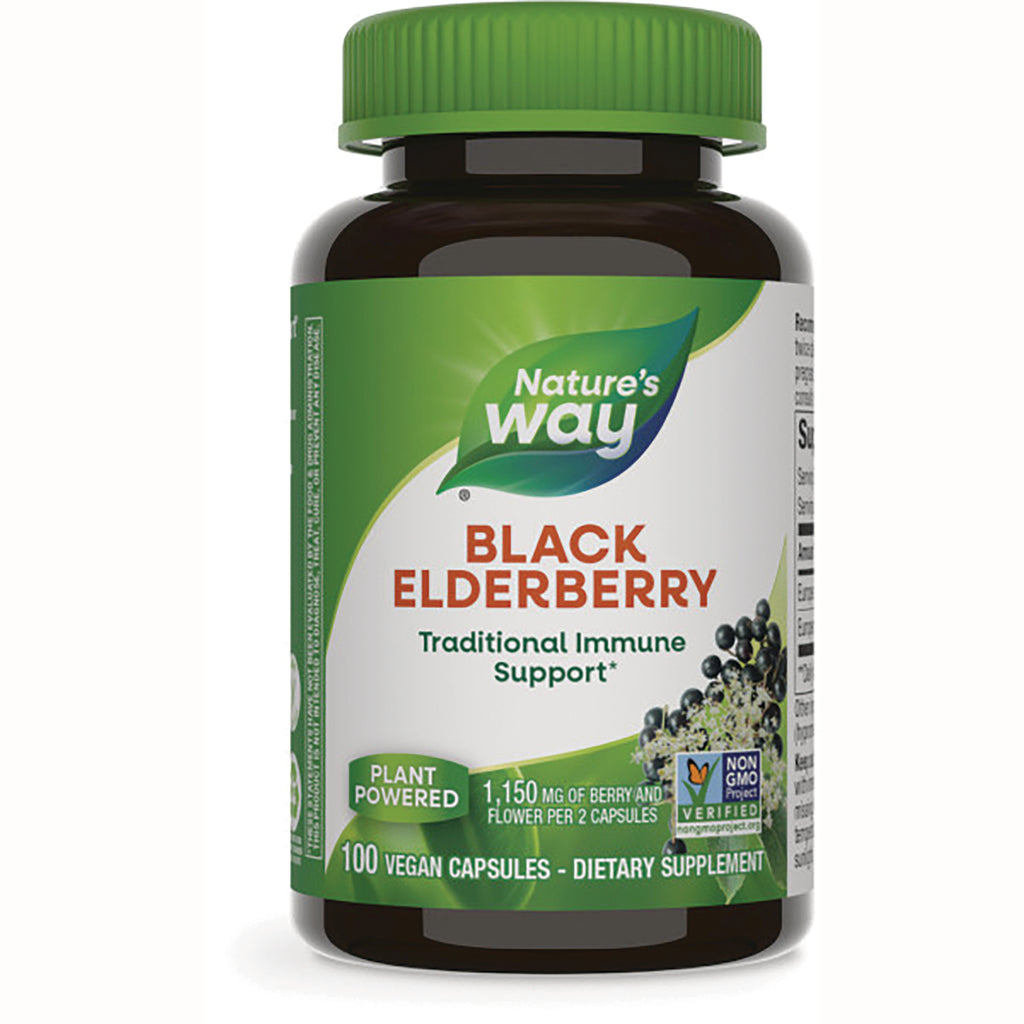 NW390 | Nature's Way Black Elderberry dietary supplement bottle with green cap, label reads Traditional Immune Support and 100 vegan capsules - Thumbnail
