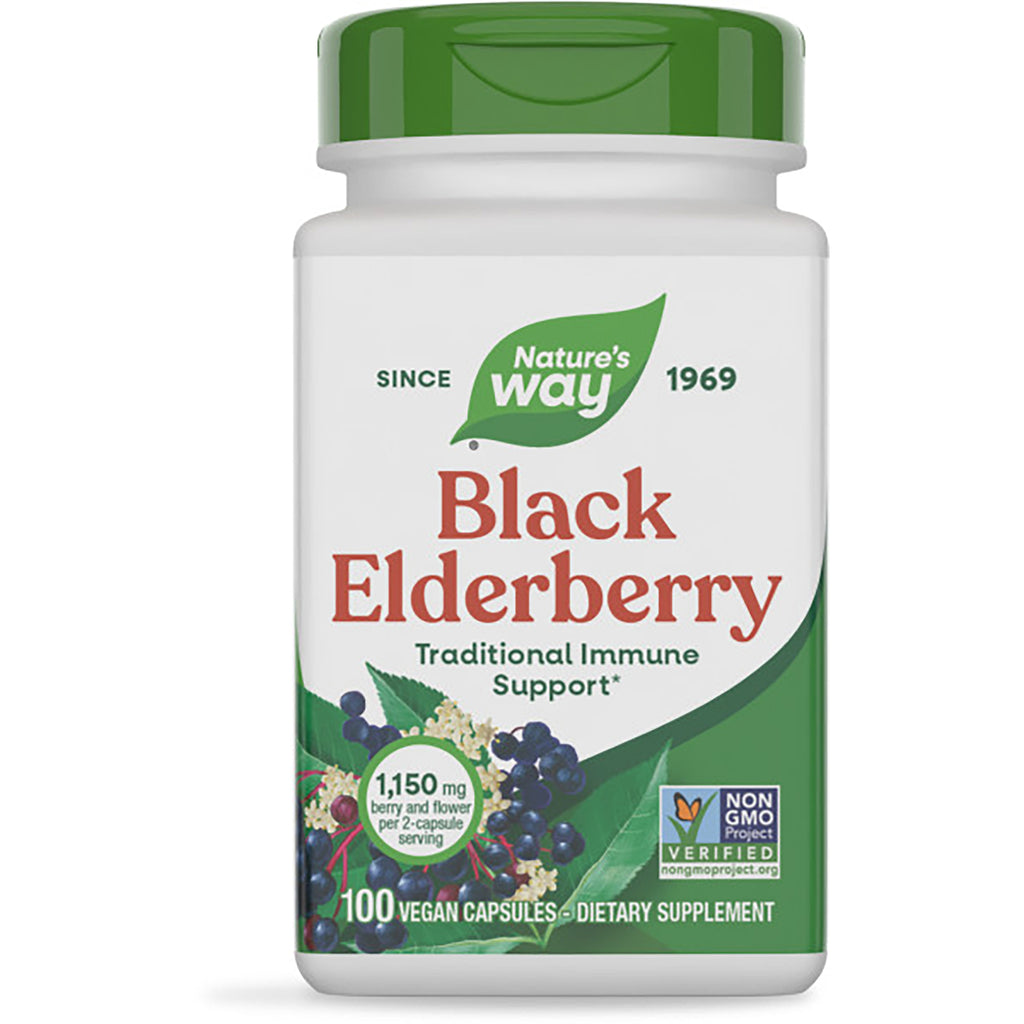 NW390 | Nature's Way Black Elderberry dietary supplement bottle with green cap, label reads Traditional Immune Support and 100 vegan capsules - Thumbnail