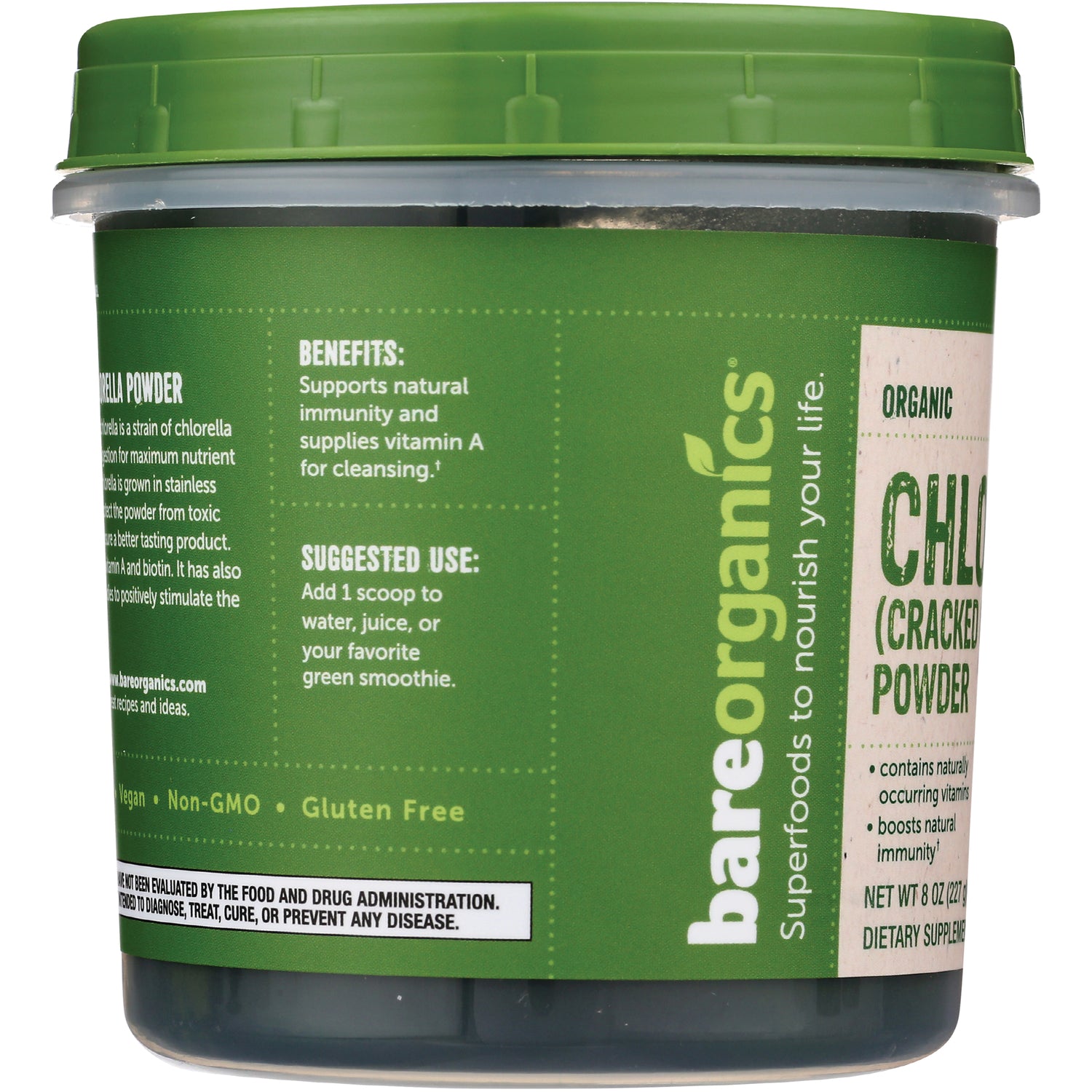 BOR006 | green supplement tub infographic label showing benefits, suggested use, and bareorganics branding