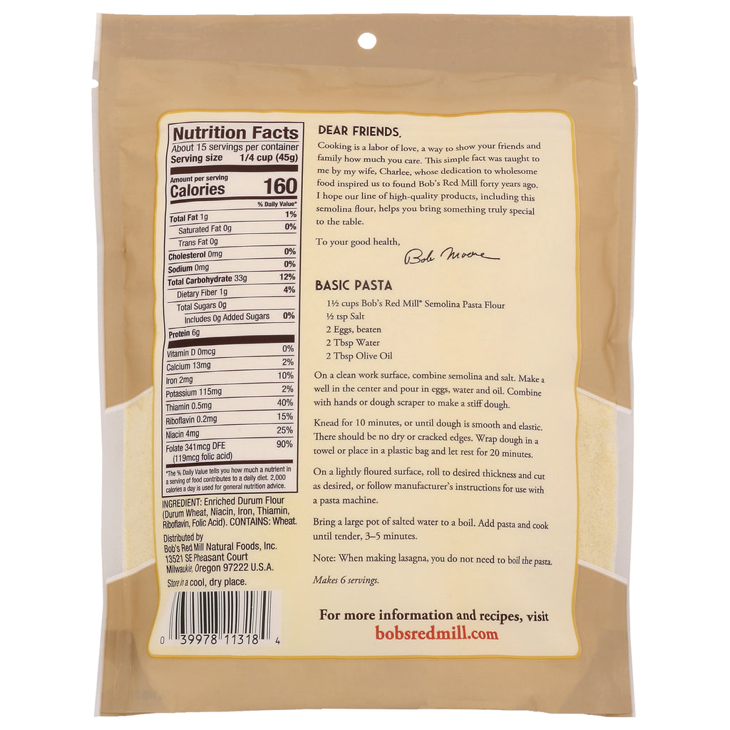 BOB403 | back of beige pasta flour pouch showing Nutrition Facts panel, Basic Pasta recipe text and barcode - Thumbnail