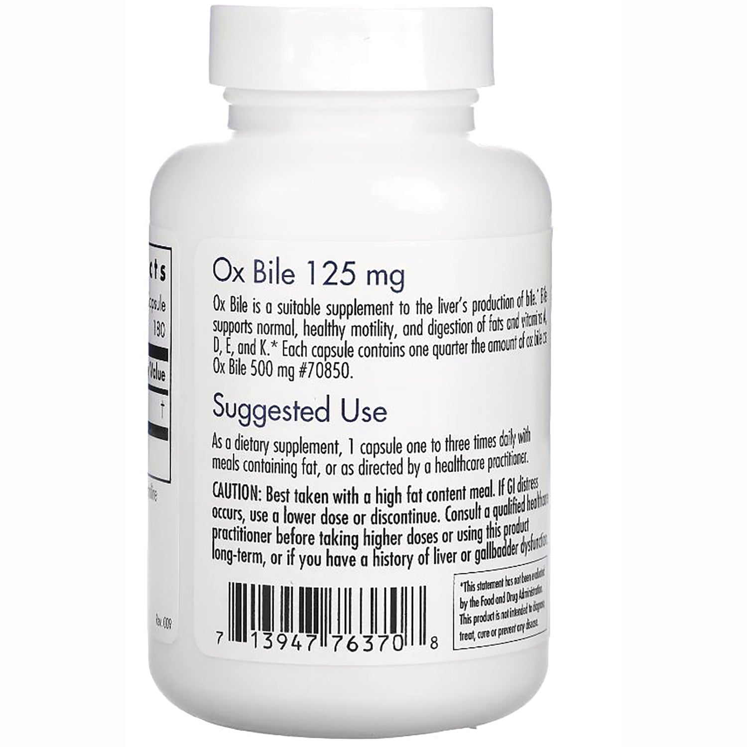 ARG078 | Back label of white Ox Bile 125 mg supplement bottle showing suggested use text and barcode