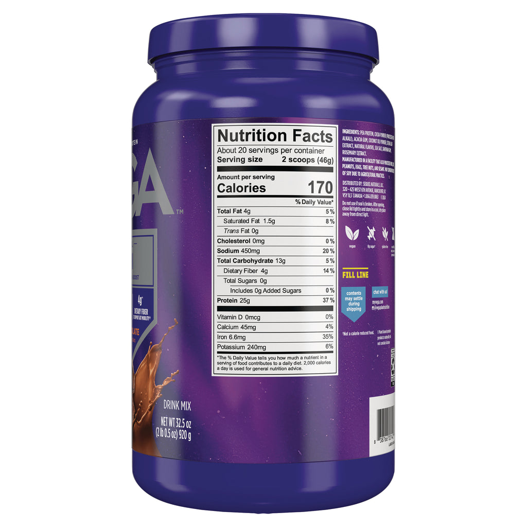 VGA002 | Back of purple protein powder container with Nutrition Facts panel; Calories 170, Protein 25g per 2 scoops - Thumbnail
