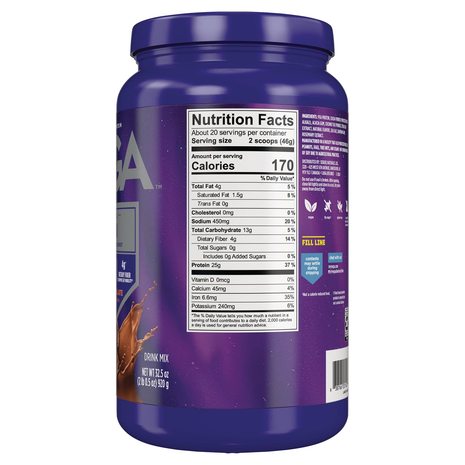 VGA002 | Back of purple protein powder container with Nutrition Facts panel; Calories 170, Protein 25g per 2 scoops