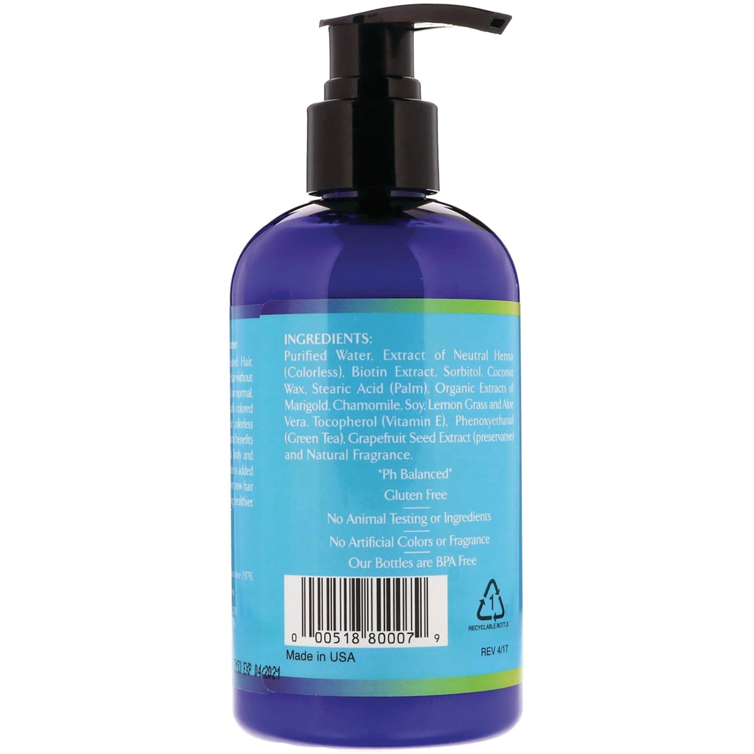 RBR001 | Back label of blue pump bottle showing ingredients text, barcode, and Made in USA