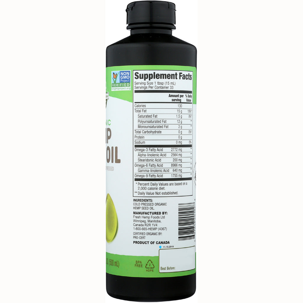 MAN009 | Back label showing Supplement Facts panel, ingredients, barcode, and manufacturing details on hemp oil bottle - Thumbnail