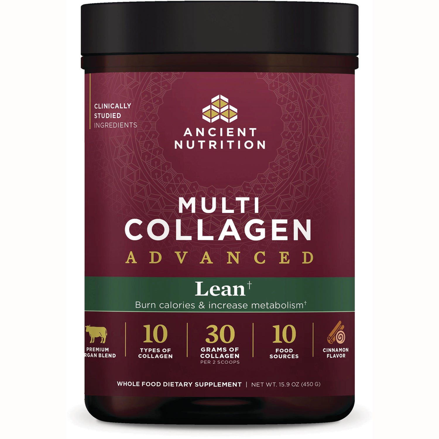 ATN127 | Ancient Nutrition Multi Collagen Advanced Lean supplement tub, cinnamon flavor, 30 g collagen per 2 scoops