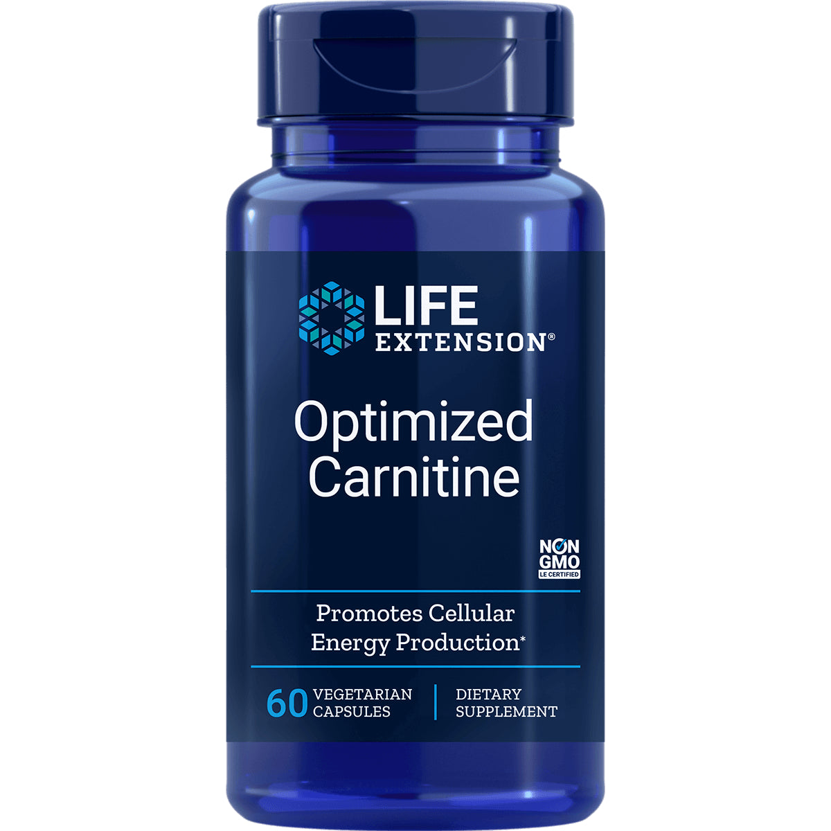 LE448 | Blue Life Extension Optimized Carnitine supplement bottle label reading 60 vegetarian capsules