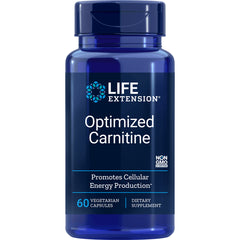LE448 | Blue Life Extension Optimized Carnitine supplement bottle label reading 60 vegetarian capsules