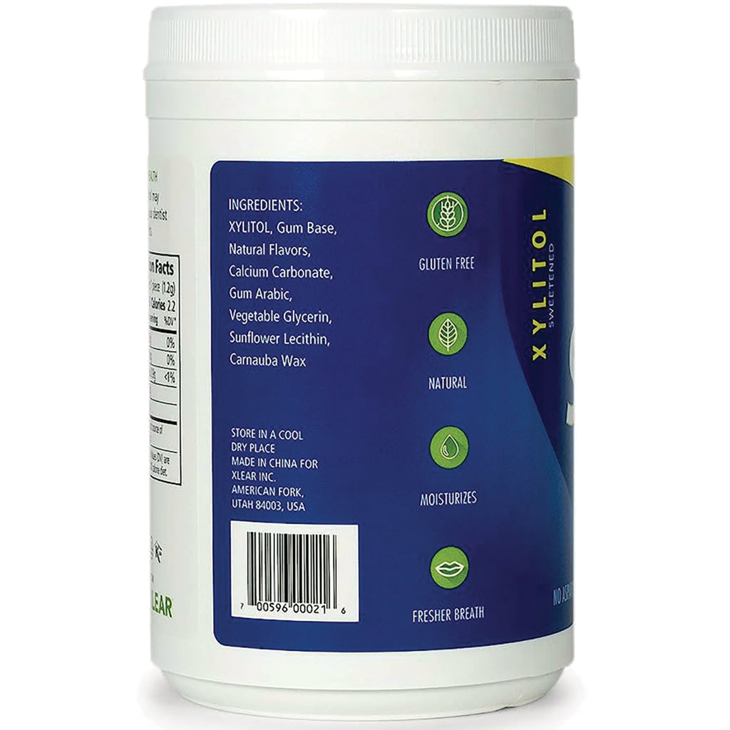 XL038 | Back of white canister with blue label showing ingredients panel and icons: Gluten Free, Natural, Moisturizes, Fresher Breath - Thumbnail