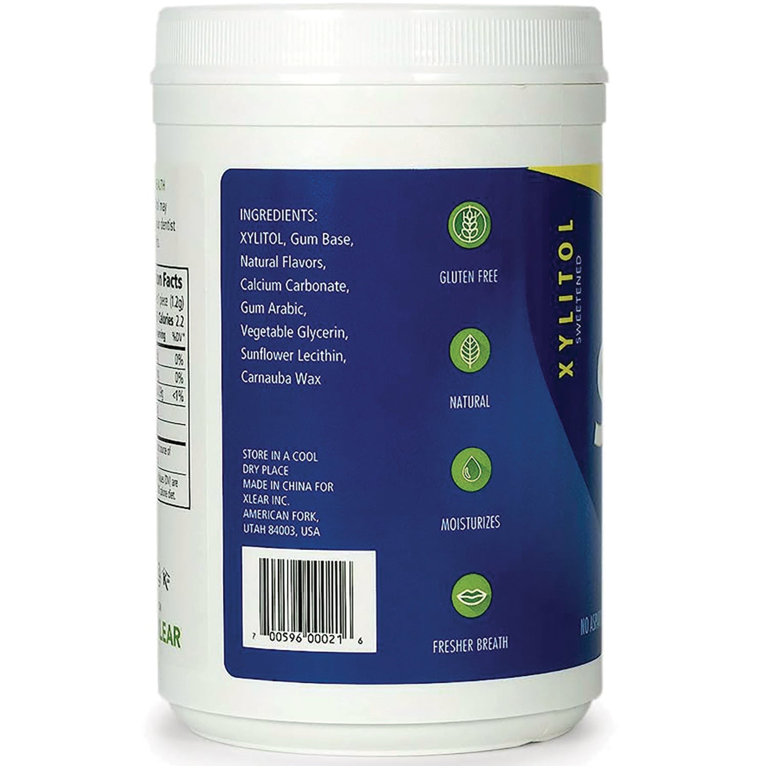 XL038 | Back of white canister with blue label showing ingredients panel and icons: Gluten Free, Natural, Moisturizes, Fresher Breath