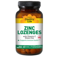CRL454 | Country Life Zinc Lozenges bottle, cherry flavor, with Vitamin C, 60 lozenges, gluten-free
