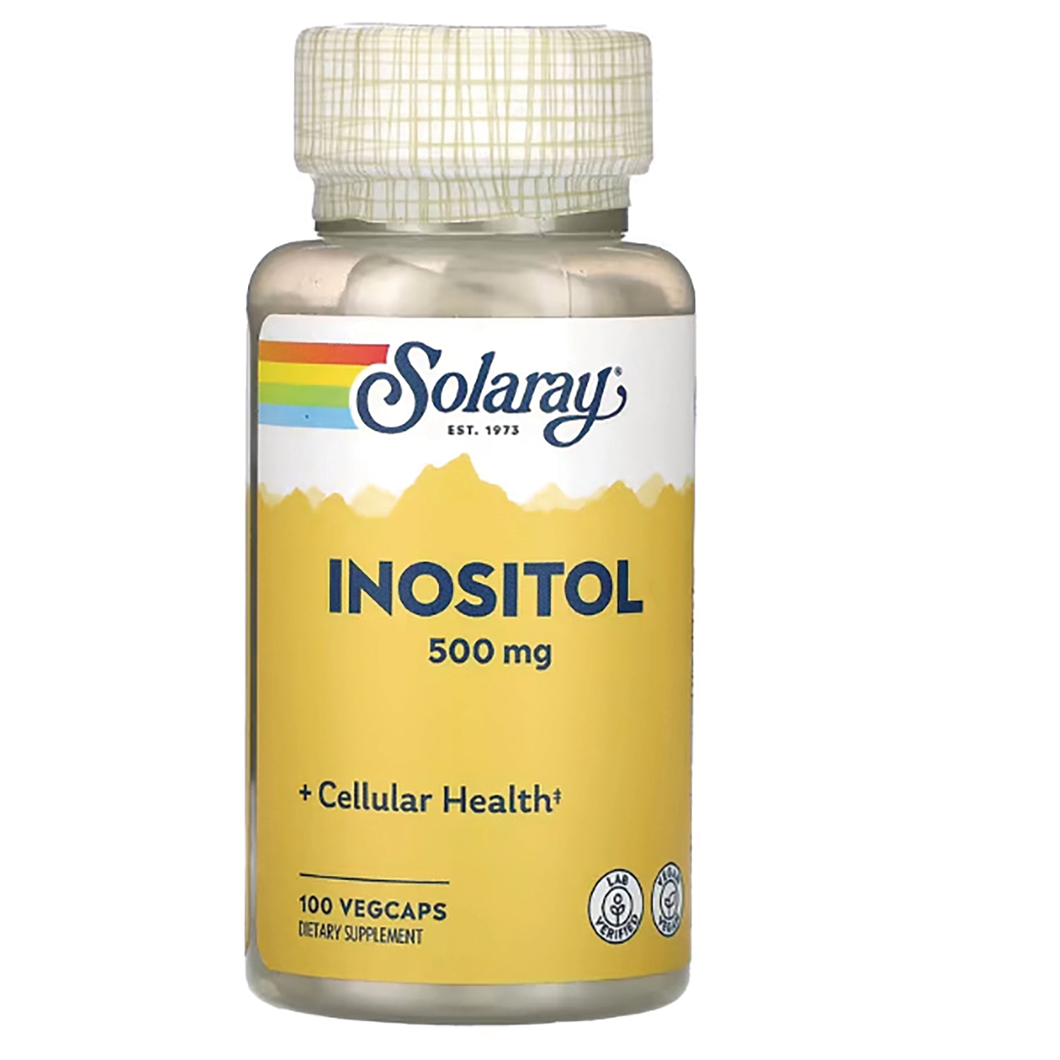 SLR361 | Solaray Inositol 500 mg dietary supplement bottle with yellow label, 100 vegcaps