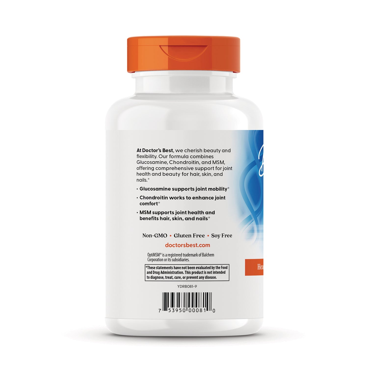 White supplement bottle back label with orange cap showing ingredients, benefits text and barcode