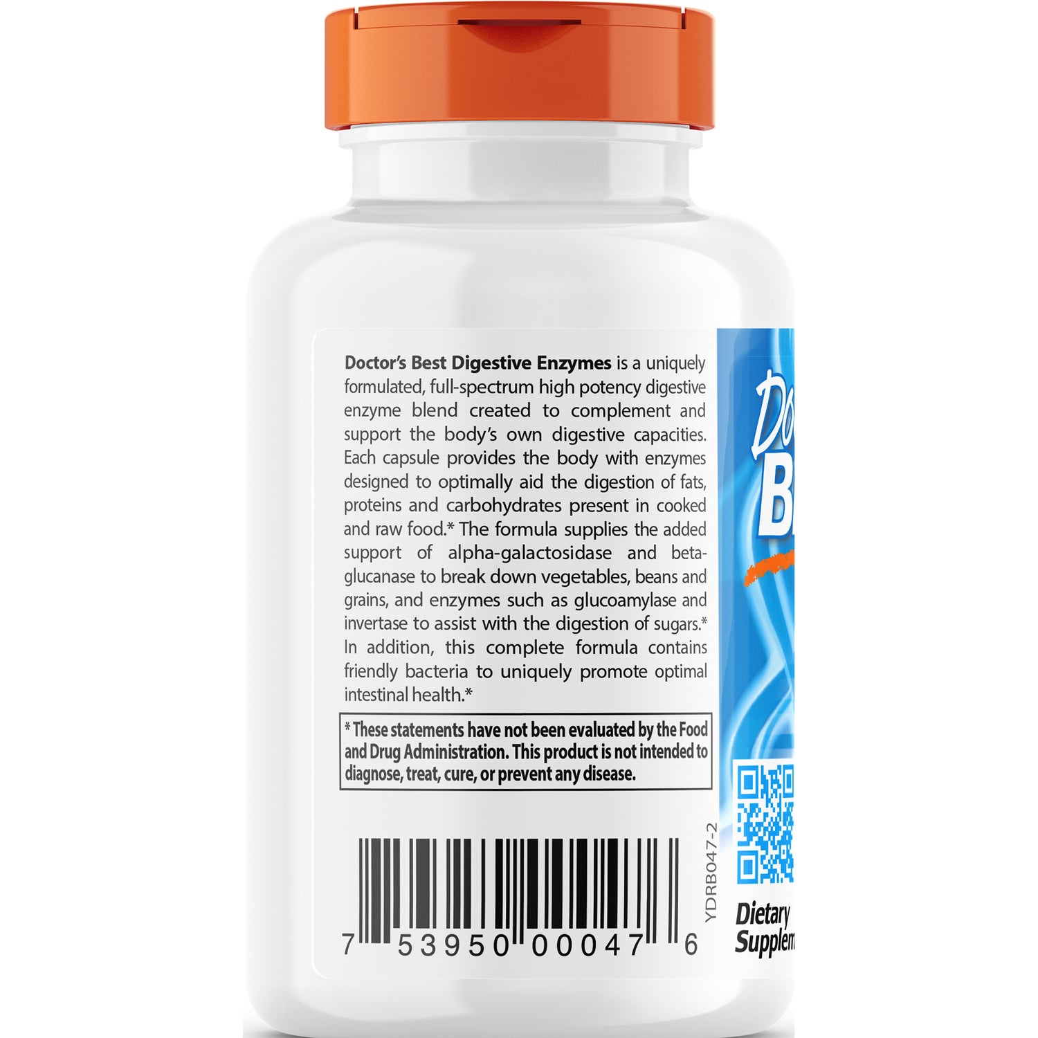 DB080 | Back label of Doctor's Best Digestive Enzymes bottle showing product description, barcode and QR code